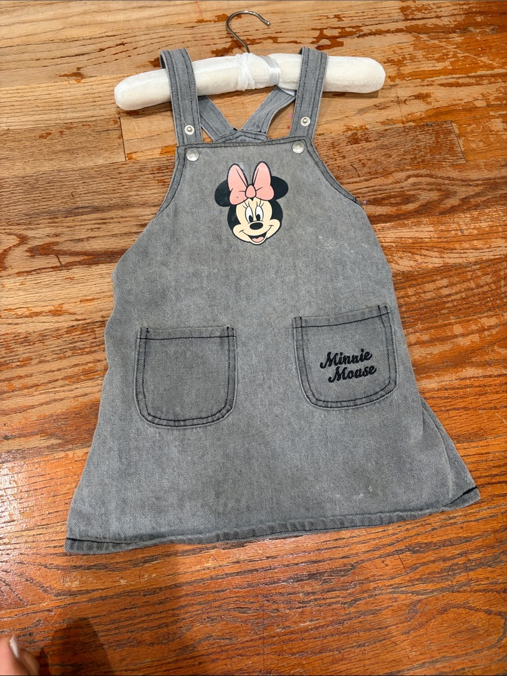 Disney Grey Denim Minnie Mouse Overall Dress with Pink Bow